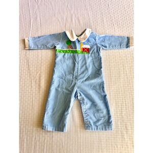 Vintage Thomas Light Blue Corduroy Farm Embroidered Romper 6-9 Mos Made in USA